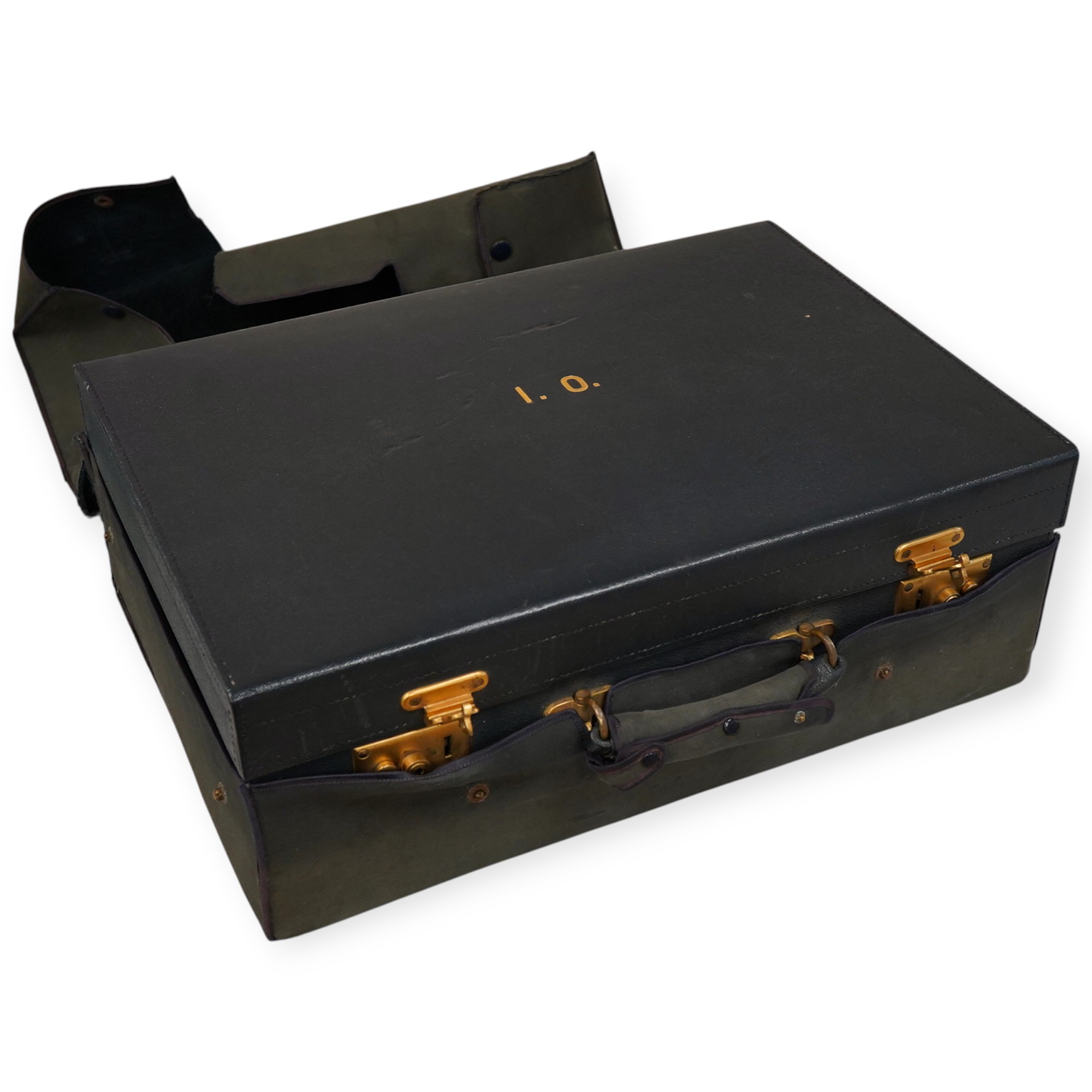 A blue morocco suitcase, moire silk lined, stamped Walker & Hall, outer cover 51cm wide x 36cm deep